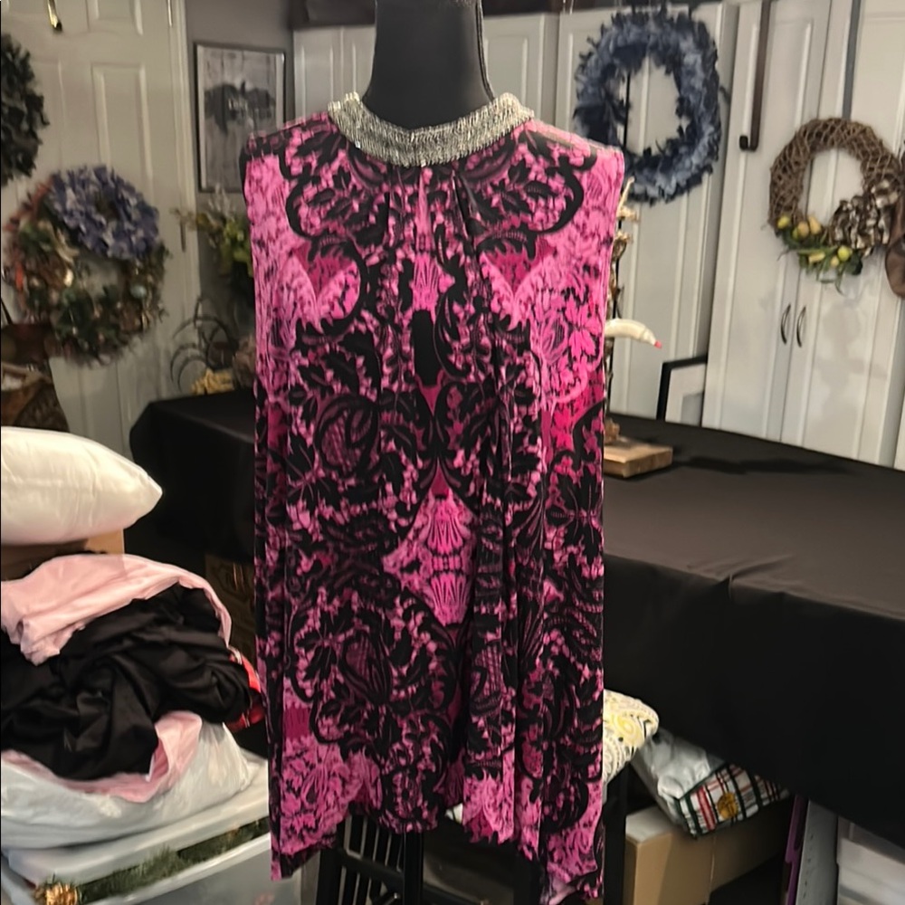Pink and Black Patterned top with Embellished Neckline